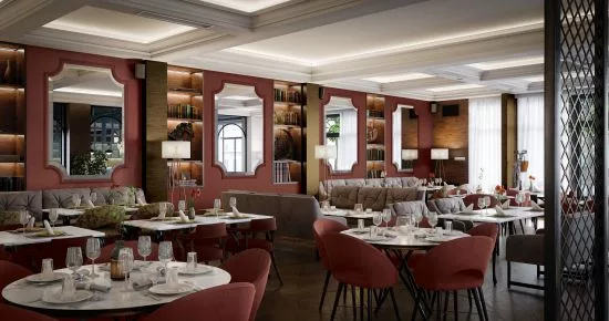 Warm mahogany restaurant interior