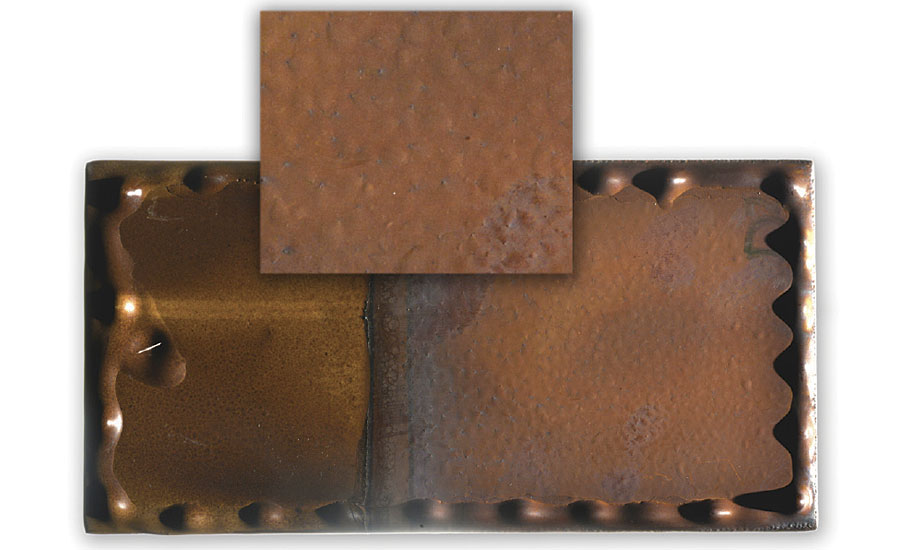 Epoxy coating on steel that shows blistering and cracking (right) after exposure to 175 C (350 F) deionized water for 28 days. The top picture is a zoomed in section of the right side of the panel, which was fully immersed.