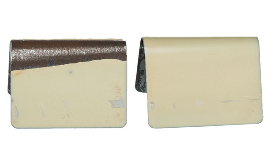 Conical mandrel bend test results showing cracking and delamination of bis-A epoxy coating. The epoxy-silicone hybrid passes