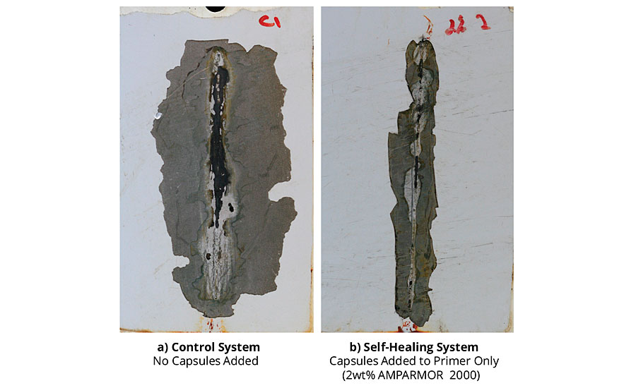 Adhesion loss from scribe for coated standard CRS panels after 1,000 hrs of salt fog exposure.