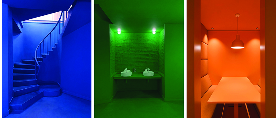 three images of colorful rooms