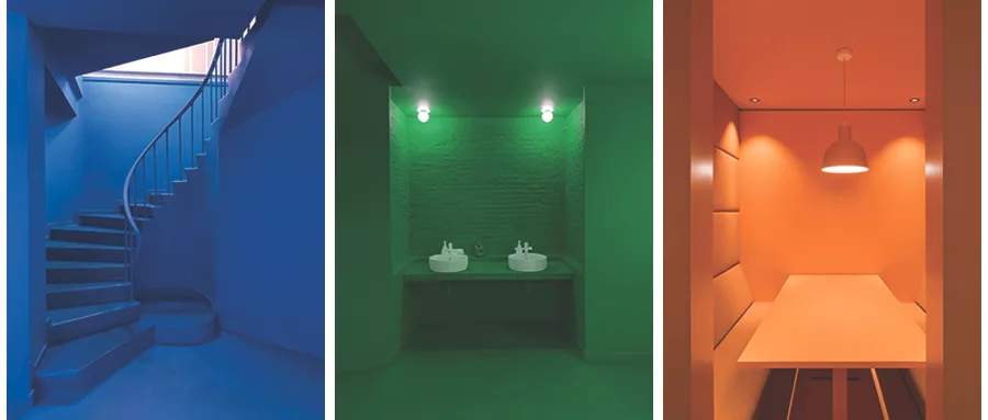 three images of colorful rooms