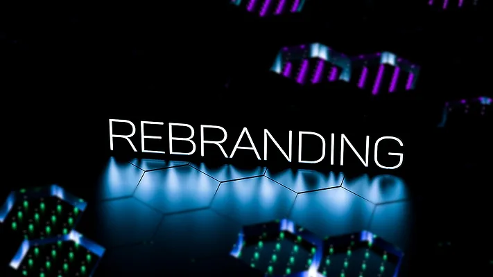 REBRANDING text, one neon word on blurred background. Business concept, rebranding banner.3D render