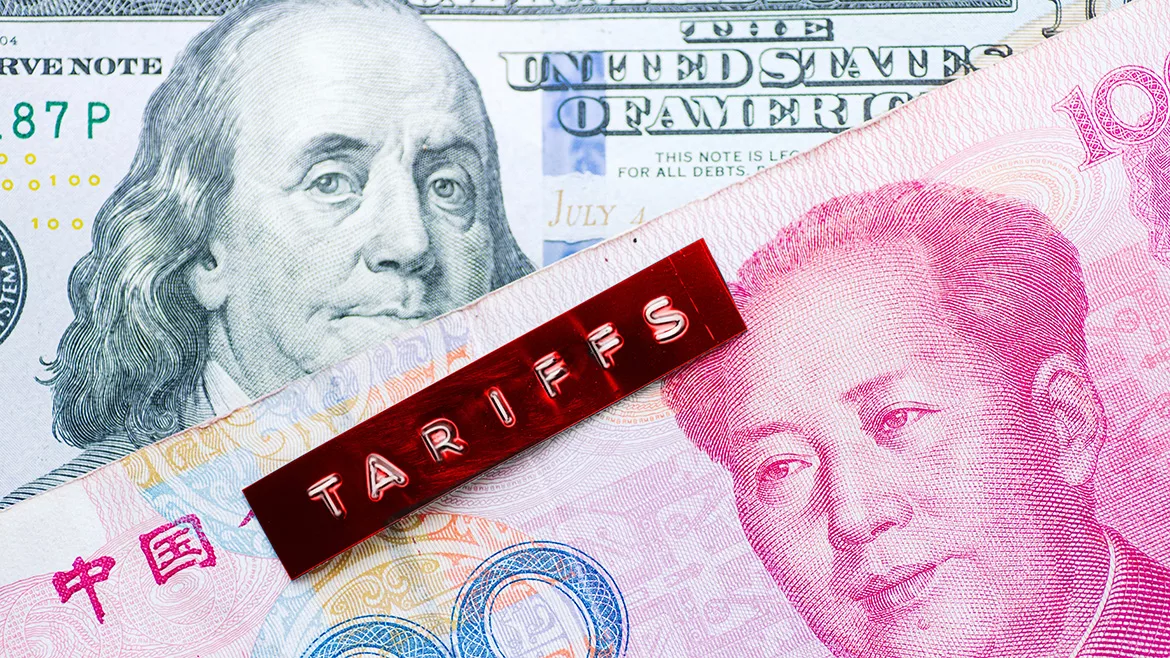 The word Tariffs on US dollar and Chinese yuan bills