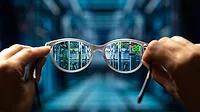  Augmented reality glasses. Smart glasses in the hands of a man. Nanotechnology. A look into the future. Augmented reality. 