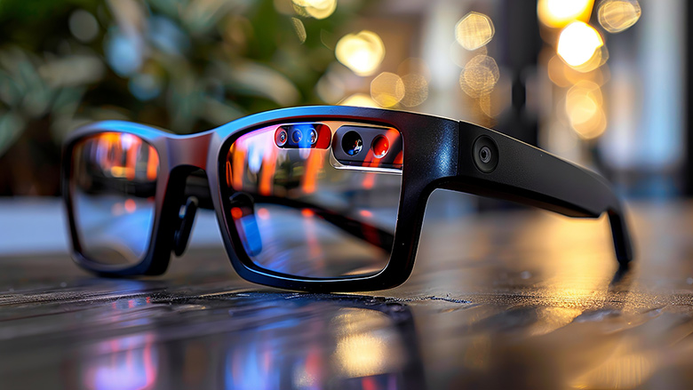 Close-up of a smart glasses with augmented reality display, emphasizing the advancements in wearable tech.