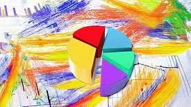 Textured 3D pie chart overlayed on background of painted lines