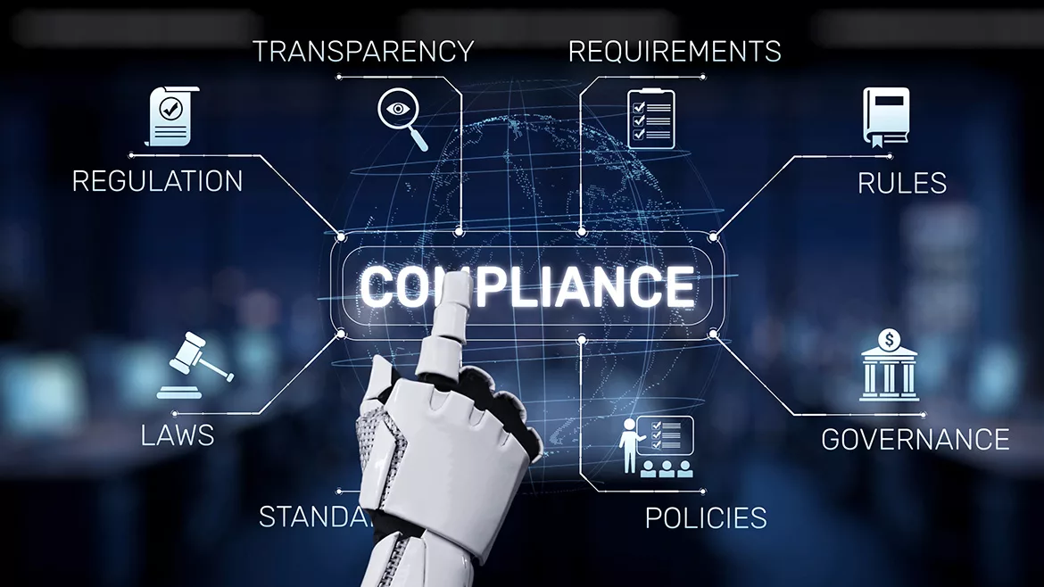 A robotic hand points at a glowing compliance concept surrounded by various icons representing laws, regulations, governance, and standards in a digital workspace 