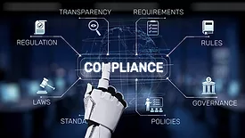 A robotic hand points at a glowing compliance concept surrounded by various icons representing laws, regulations, governance, and standards in a digital workspace 