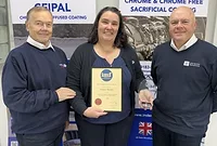 Pictured (Left to Right): Brian Norton and Research Chemist Dr Violaine Mendez (both Indestructible Paint Ltd) and Paul Holder, IMF vice-president.