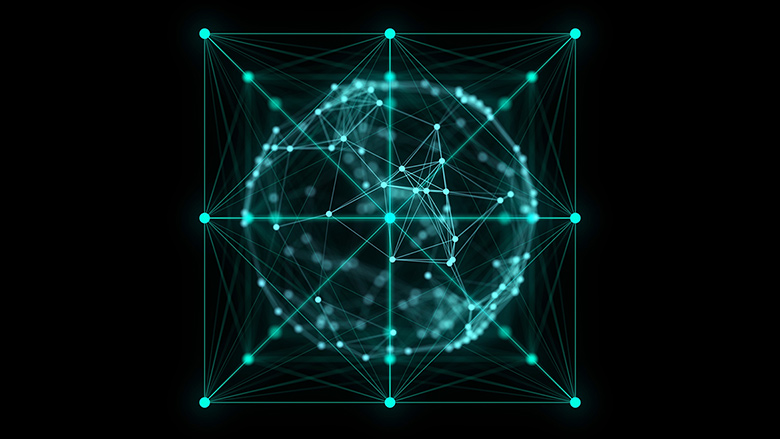 Abstract blue sphere in the cube with connecting dots and lines to symbolize collaboration