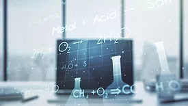 Double exposure of creative chemistry concept on laptop background, research and development concept