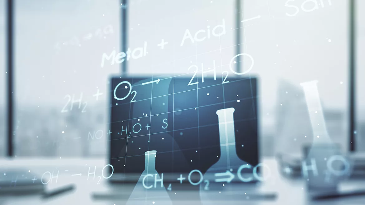 Double exposure of creative chemistry concept on laptop background, research and development concept