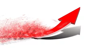 Red arrow curved up with powder coatings trailing behind