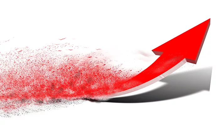 Red arrow curved up with powder coatings trailing behind