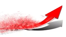 Red arrow curved up with powder coatings trailing behind