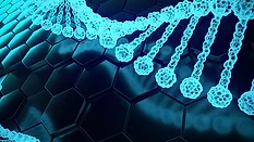Abstract human DNA detailed structures on hexagon background. 3D rendering.