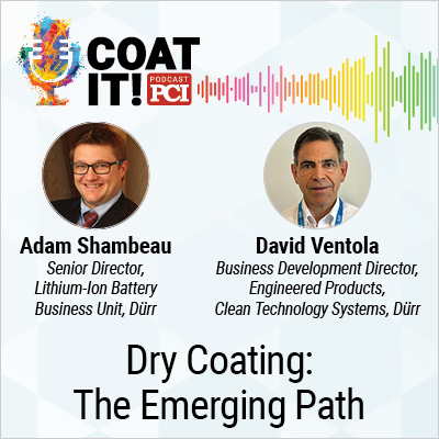 Coat It! Podcast logo with colorful sound wave rhythm; Adam Shambeau and David Ventola headshots; and "Dry Coating: The Emerging Path"