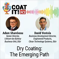 Coat It! Podcast logo with colorful sound wave rhythm; Adam Shambeau and David Ventola headshots; and "Dry Coating: The Emerging Path"