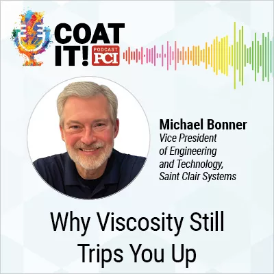 Coat It! Podcast logo with colorful sound wave rhythm; Michael Bonner headshot; and " Why Viscosity Still Trips You Up"