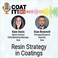 Coat It! Podcast logo with colorful sound wave rhythm; Kate Davis and Stan Brownell headshots; and "Resin Strategy in Coatings"