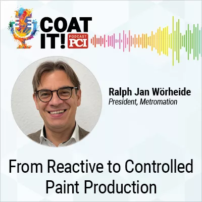 Coat It! Podcast logo with colorful sound wave rhythm; Ralph Jan Wörheide headshot; and "From Reactive to Controlled Paint Production"