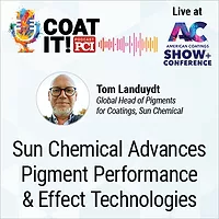 Coat It! Podcast logo with colorful sound wave rhythm; Tom Landuydt's headshot and title; "Live at" ACS logo; and "Sun Chemical Advances Pigment Performance and Effect Technologies at ACS"