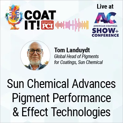 Coat It! Podcast logo with colorful sound wave rhythm; Tom Landuydt's headshot and title; "Live at" ACS logo; and "Sun Chemical Advances Pigment Performance and Effect Technologies at ACS"