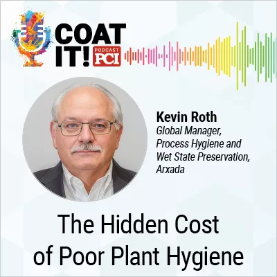 Coat It! Podcast logo with colorful sound wave rhythm; Kevin Roth's headshot and title; and "The Hidden Cost of Poor Plant Hygiene"