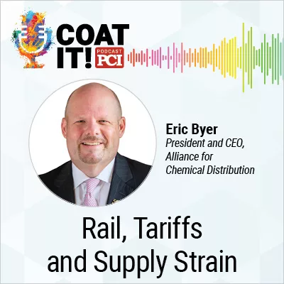Coat It! Podcast logo with colorful sound wave rhythm; Eric Byer's headshot and title; and "Rail, Tariffs and Supply Strain"