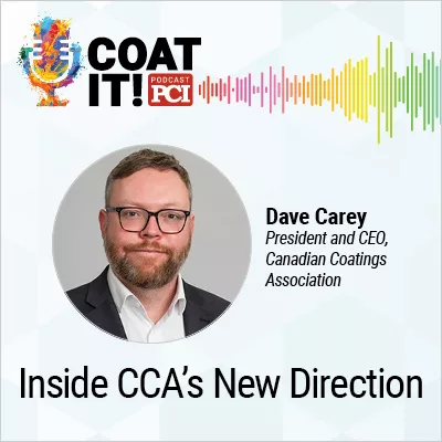 Coat It! Podcast logo with colorful sound wave rhythm; Dave Carey's headshot and title; and "Inside CCA’s New Direction"