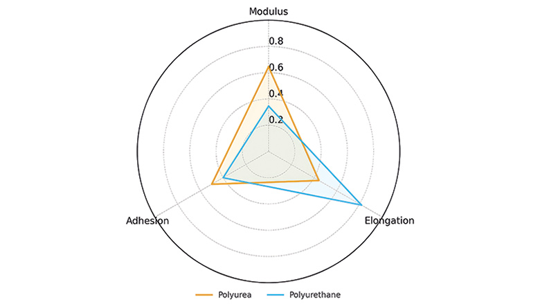 Modulus–elongation–adhesion triangle comparing polyurea and polyurethane