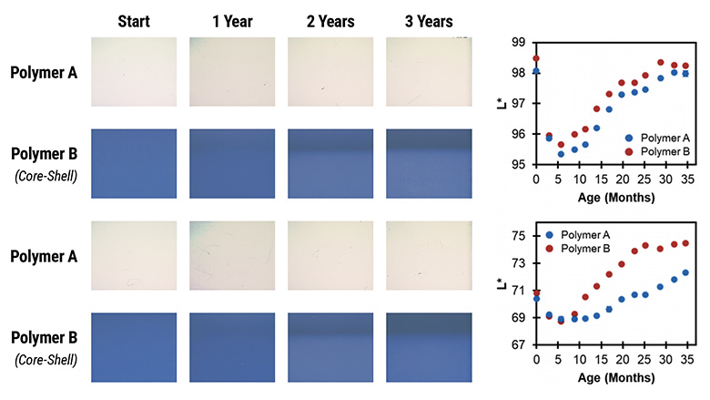 Comparison of semigloss white and blue-tinted paint formulations using conventional acrylic and core–shell acrylic polymers