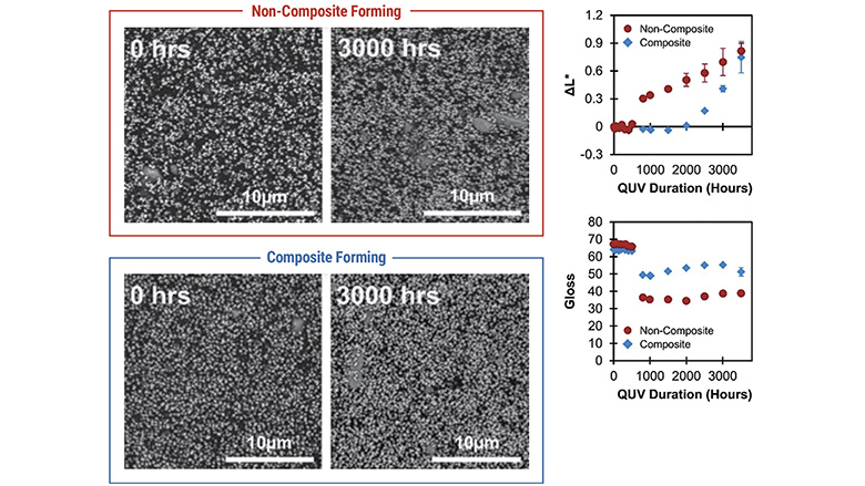 Comparison of architectural coatings using noncomposite and polymer–TiO₂ composite technologies after accelerated weathering