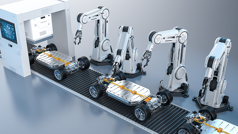 Robot assembly line with ev car battery on undercarriage platform