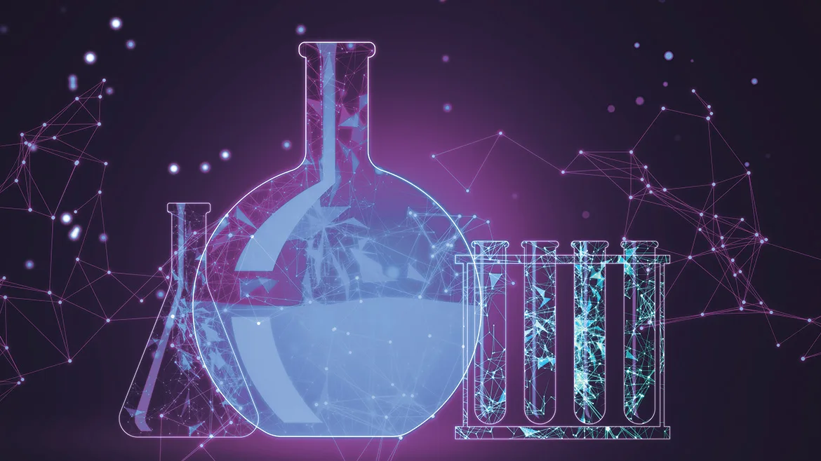 Blue and purple scientific background with low poly network and flasks with technology AI background