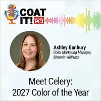 Coat It! Podcast logo with colorful sound wave rhythm; Ashley Banbury's headshot and title; and "Meet Celery: 2027 Color of the Year"