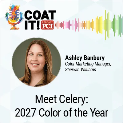 Coat It! Podcast logo with colorful sound wave rhythm; Ashley Banbury's headshot and title; and "Meet Celery: 2027 Color of the Year"