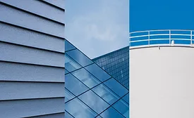 Composite image showing blue siding, a glass building facade, and industrial storage tanks