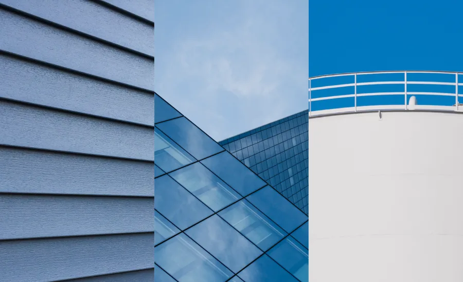 Composite image showing blue siding, a glass building facade, and industrial storage tanks