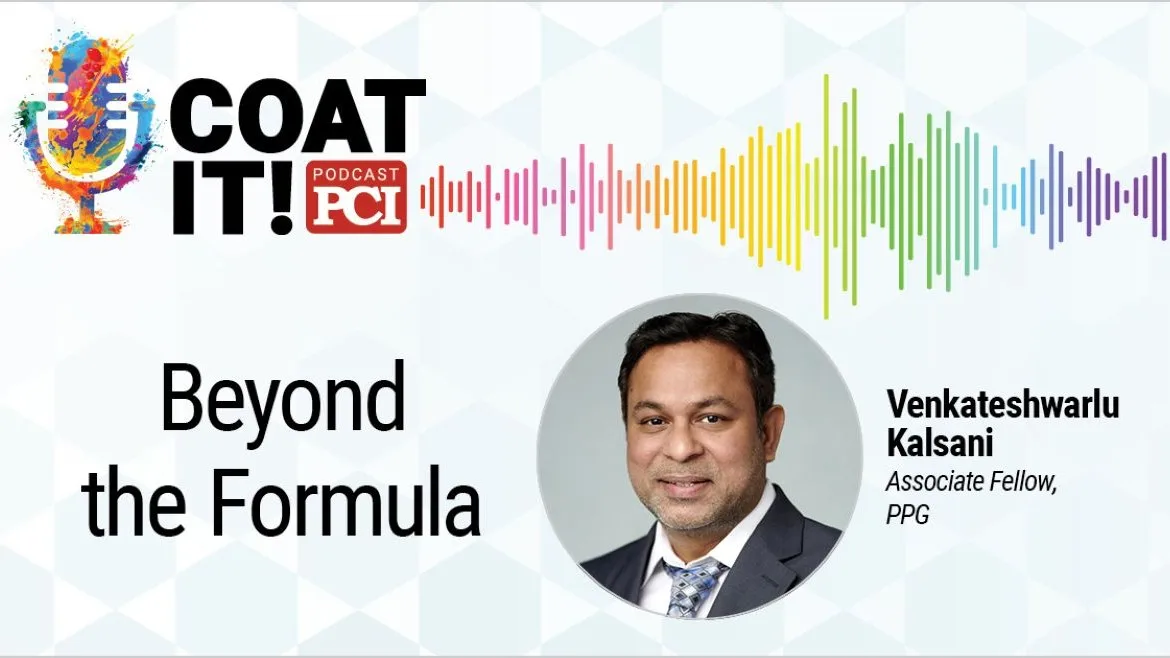 Coat It! Podcast logo with colorful sound wave rhythm; Venkateshwarlu Kalsani's headshot and title; and "Beyond the Formula"