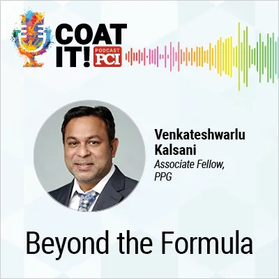 Coat It! Podcast logo with colorful sound wave rhythm; Venkateshwarlu Kalsani's headshot and title; and "Beyond the Formula"