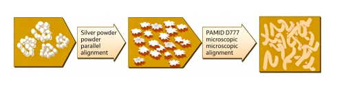 Figure 2: Three-panel schematic showing particle clusters, separated particles and elongated structures, with labels referring to silver powder alignment and PAMID D777.