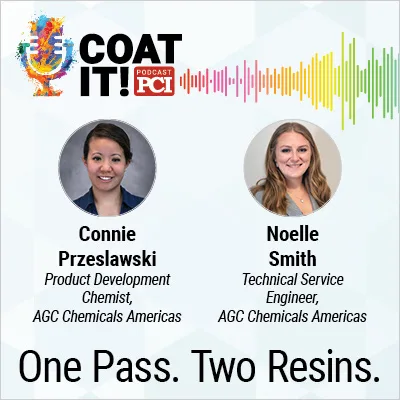  Coat It! Podcast logo with colorful sound wave rhythm; Connie Przeslawski's headshot and title; Noelle Smith's headshot and title; and "One Pass. Two Resins."