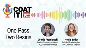  Coat It! Podcast logo with colorful sound wave rhythm; Connie Przeslawski's headshot and title; Noelle Smith's headshot and title; and "One Pass. Two Resins."