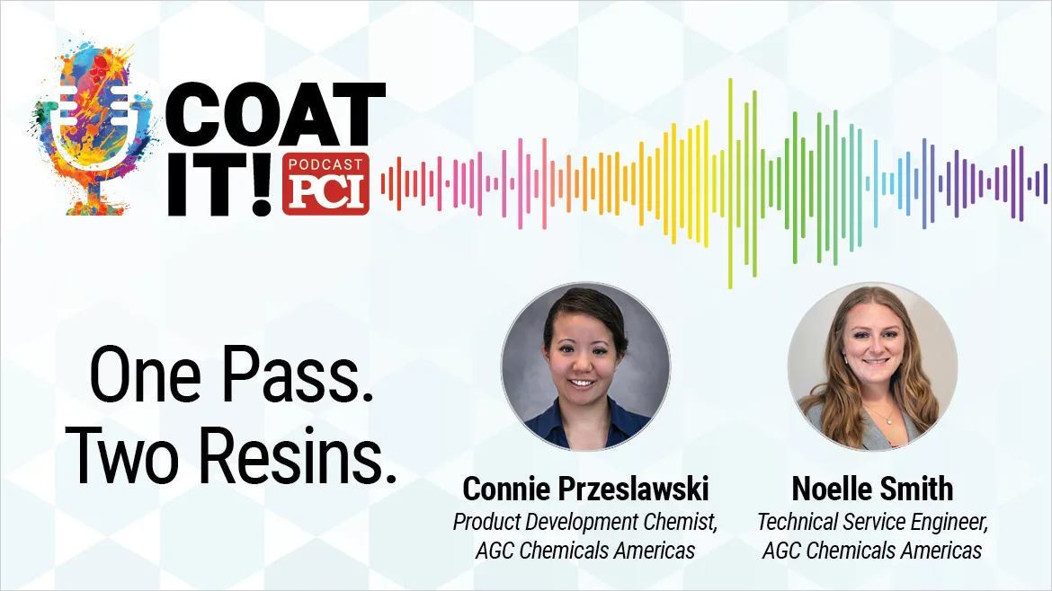 Coat It! Podcast logo with colorful sound wave rhythm; Connie Przeslawski's headshot and title; Noelle Smith's headshot and title; and "One Pass. Two Resins."