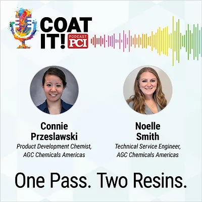 Coat It! Podcast logo with colorful sound wave rhythm; Connie Przeslawski's headshot and title; Noelle Smith's headshot and title; and "One Pass. Two Resins."