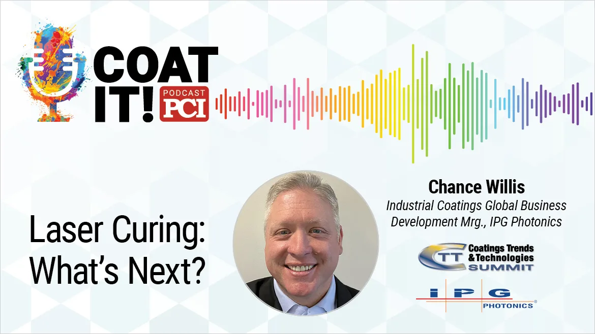 Coat It! Podcast logo with colorful sound wave rhythm; Chance Willis' headshot and title; and “Laser Curing: What's Next?”