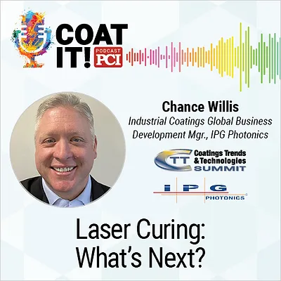 Coat It! Podcast logo with colorful sound wave rhythm; Chance Willis' headshot and title; and “Laser Curing: What's Next?”