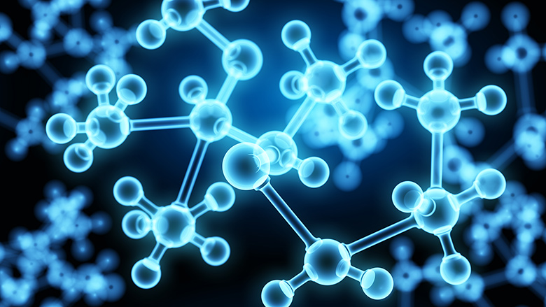 close-up view of glowing molecular structures